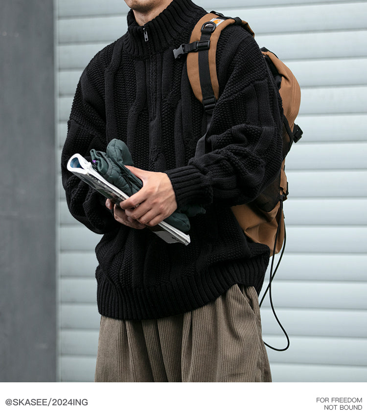 Winter Heavyweight High Grammage Non-Itchy Thick Cable Knit Stand Collar Pullover Sweater American Retro Half-Zip Thickened Coat