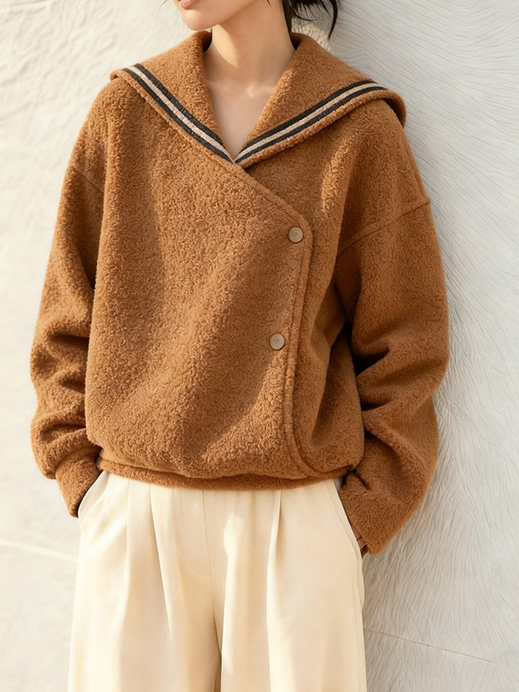 Women's 2025 Autumn Winter Old Money Style Lamb Wool Coat - Petite Brown Navy Collar Thick Warm Coat