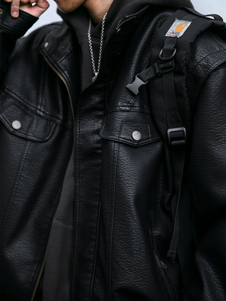 Men's American Retro Leather Jacket - Lychee Grain Stand Collar Motorcycle Coat