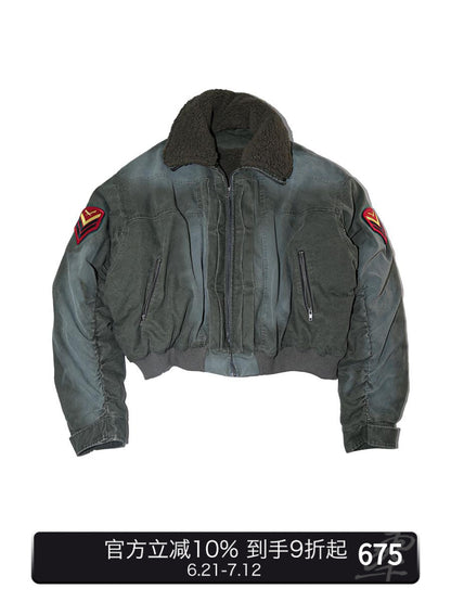 24aw Washed Green Vintage Jacket Cotton-Padded Coat Distressed Epaulet Fur Collar Thickened Coat