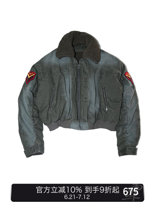 24aw Washed Green Vintage Jacket Cotton-Padded Coat Distressed Epaulet Fur Collar Thickened Coat