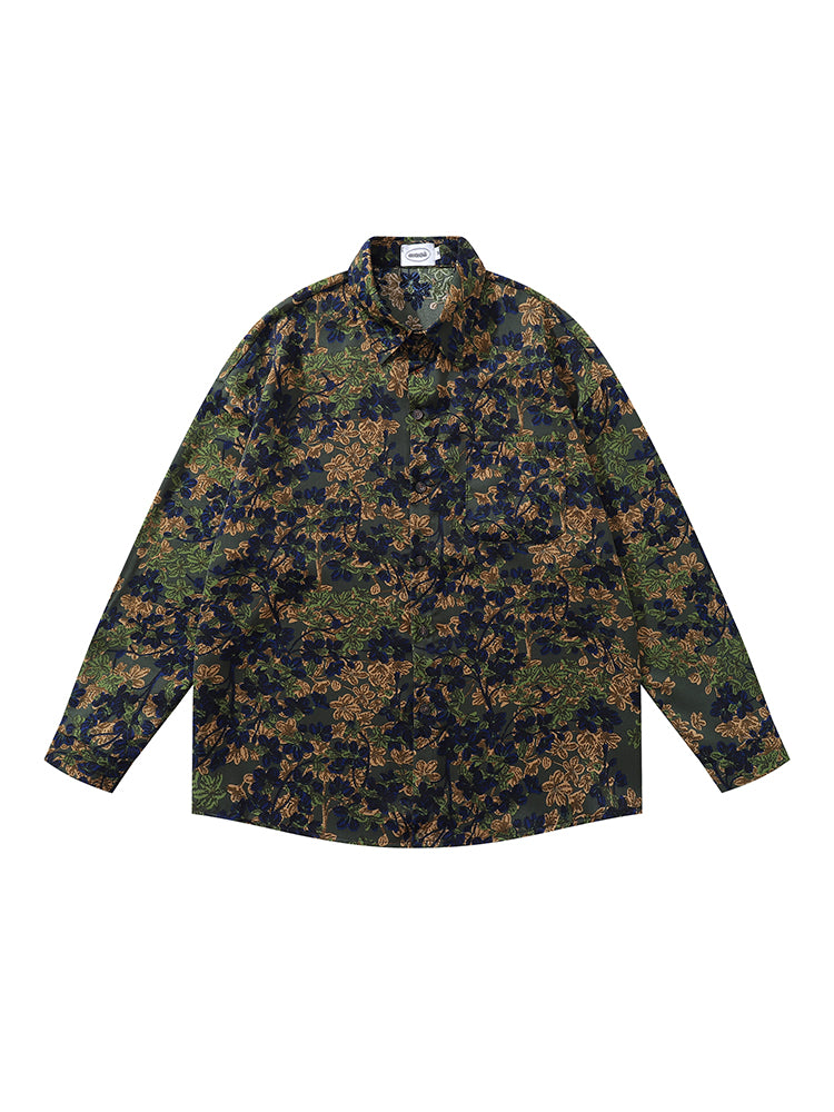 Japanese Style Trendy Floral Print Long Sleeve Shirt for Men Autumn Travel Vacation Lazy Casual Floral Shirt