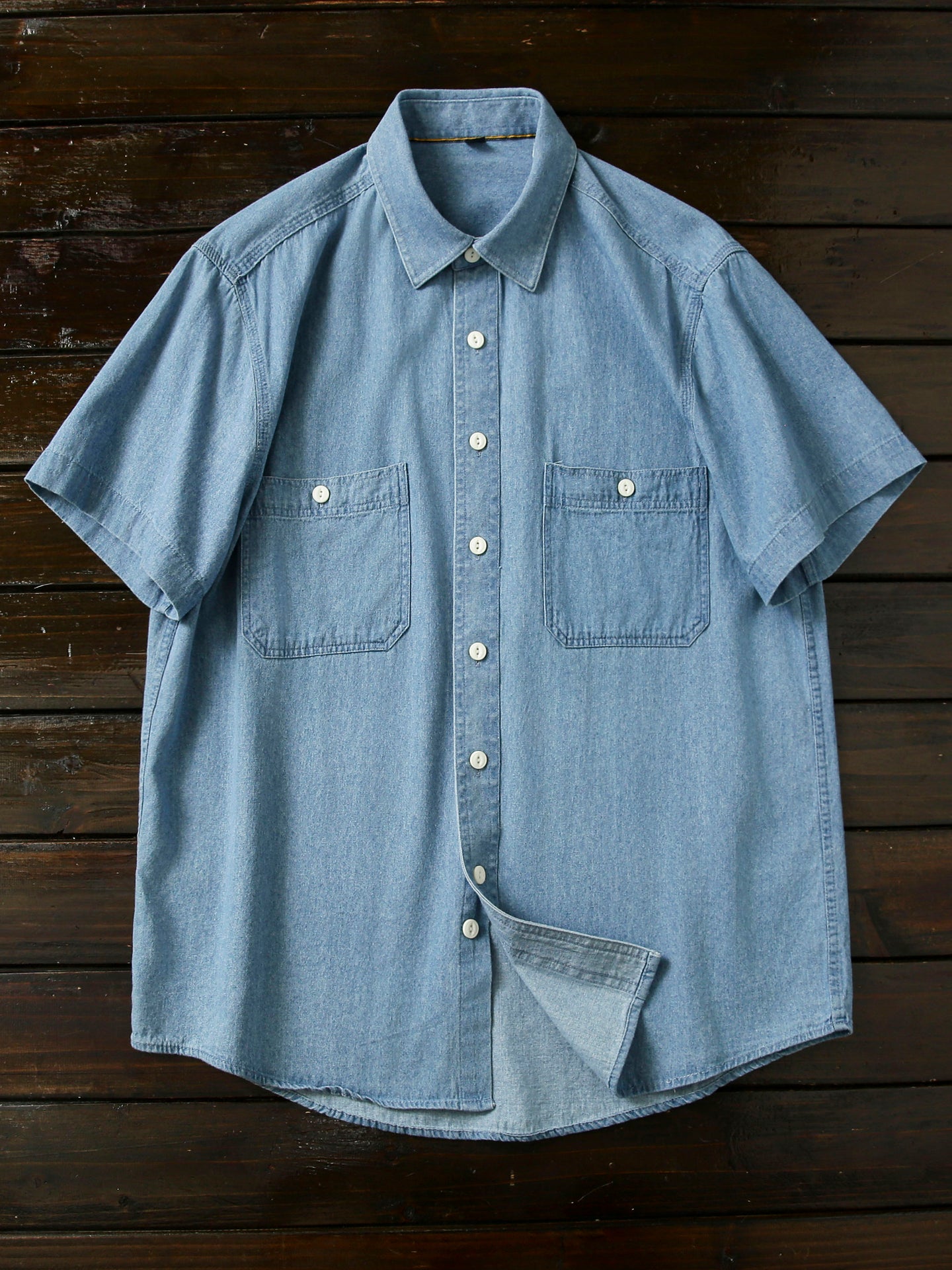 Vintage Washed Cotton! Men's Summer Turn-down Collar Multi-pocket Denim Short Sleeve Shirt Plus Size