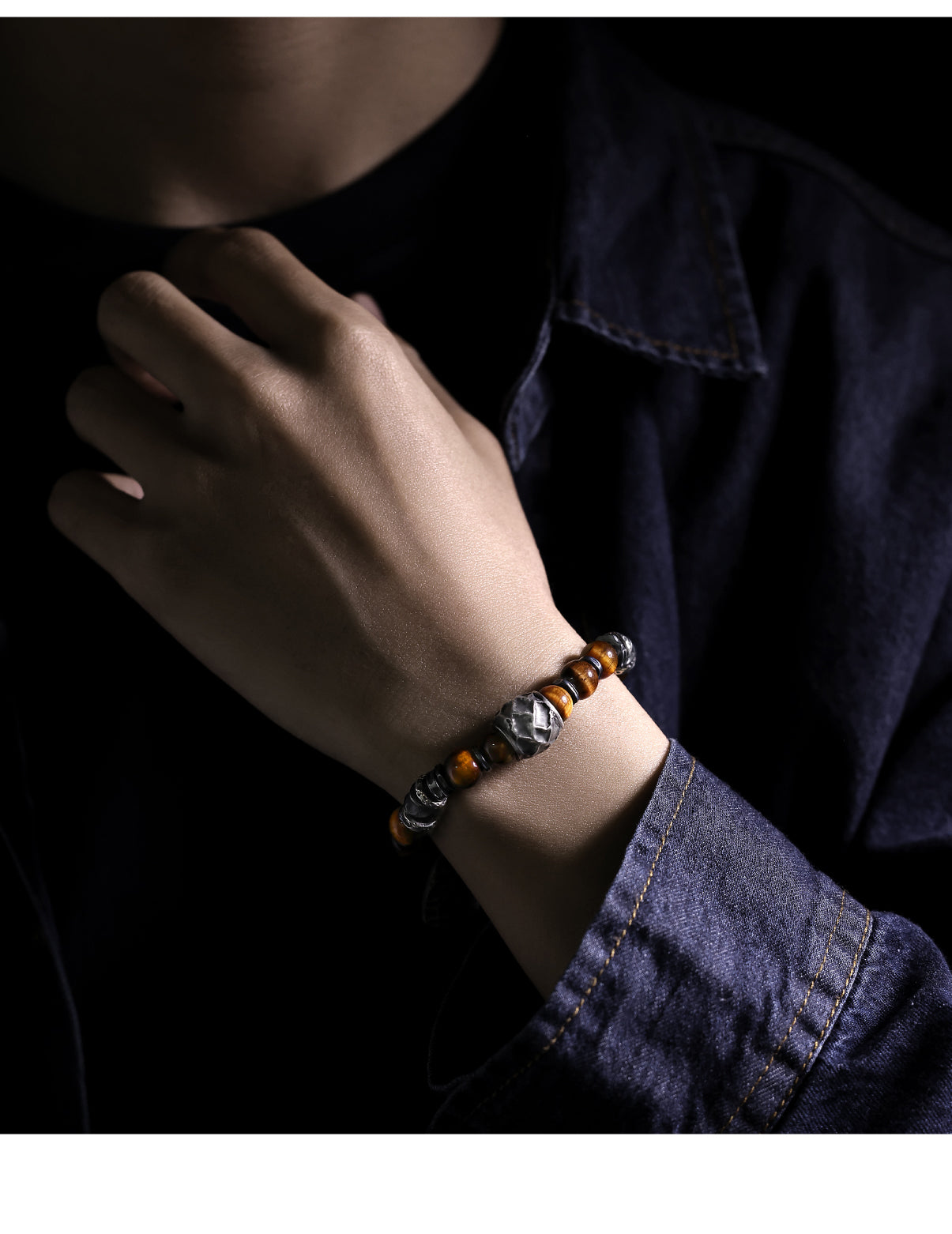Yinshu Original Handmade &lt;Hammered&gt; Bracelet for Men Niche 999 Pure Silver Tiger Eye Stone Men's Vintage Bracelet