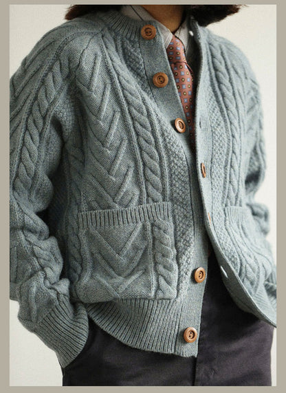 Traditional Aran Fisherman Sweater – Jacquard Knit Crewneck Cardigan (Unisex)