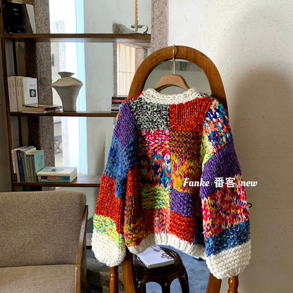 Women's 2025 Autumn Winter Heavy Craft Cardigan - Handmade Thick-Knit Colorful Plaid Knitted Sweater Coat