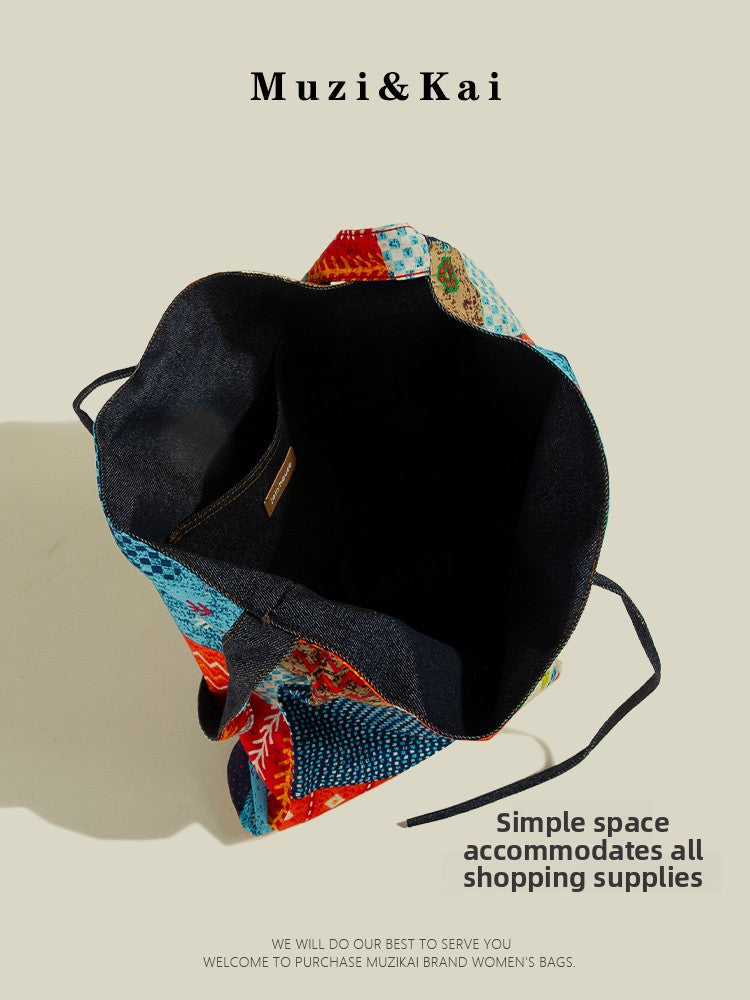 Large Capacity Tote Bag for Women 2025 New Fashion Retro Color Block Versatile Casual Commuter Shoulder Bag