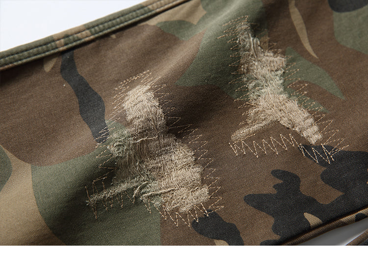 Men's American Street Retro Cargo Pants - Camouflage Heavy Washed Ripped Straight-Leg Pants