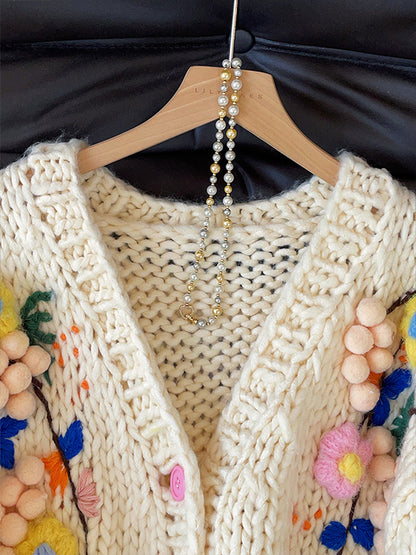 Women's 2025 Autumn French Retro Crochet Cardigan - Handmade 3D Flower Heavy Knit Sweater Coat