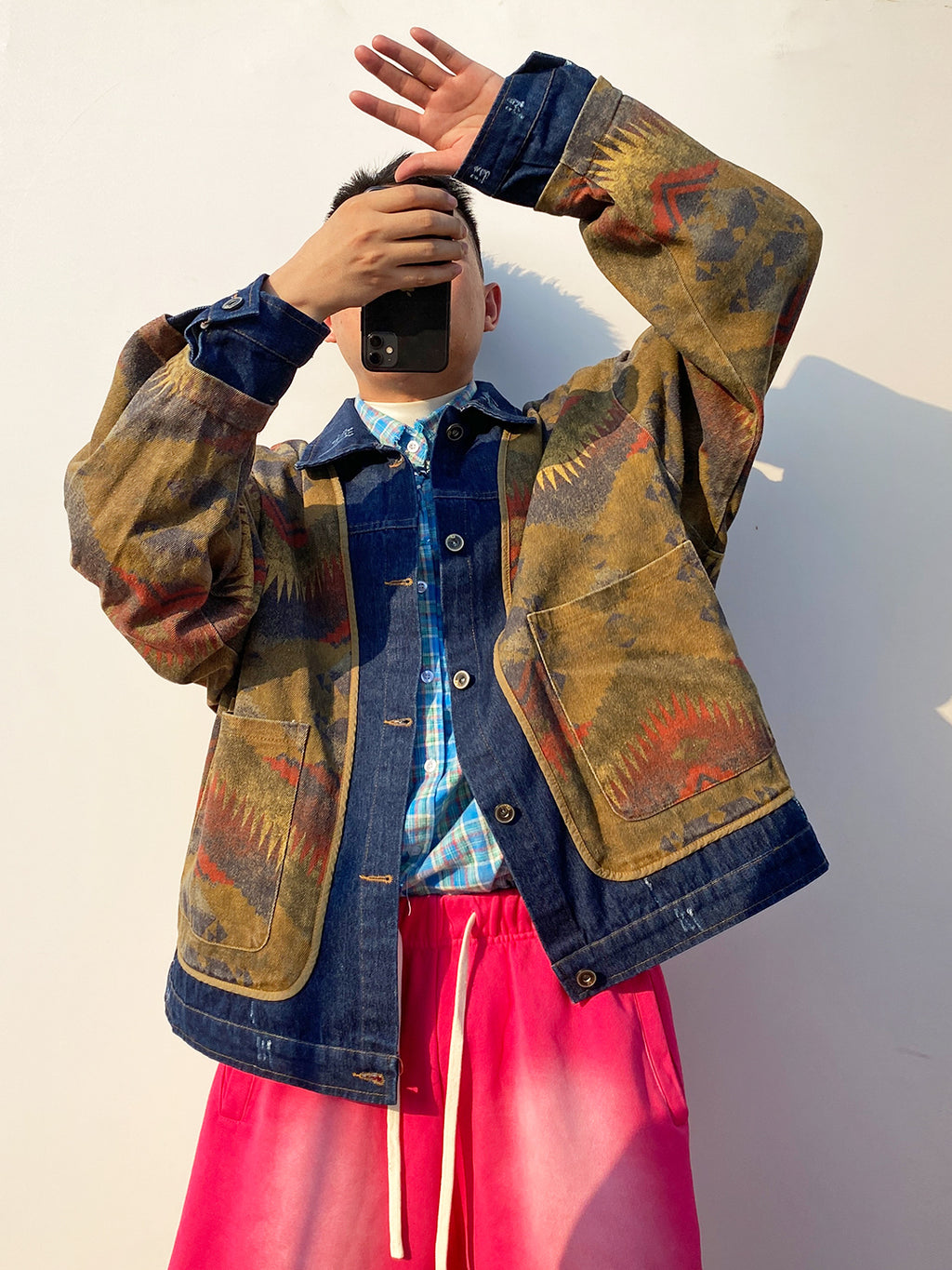 Shanwu Patchwork Blue Lapel Jacket – Retro American Streetwear, Unisex