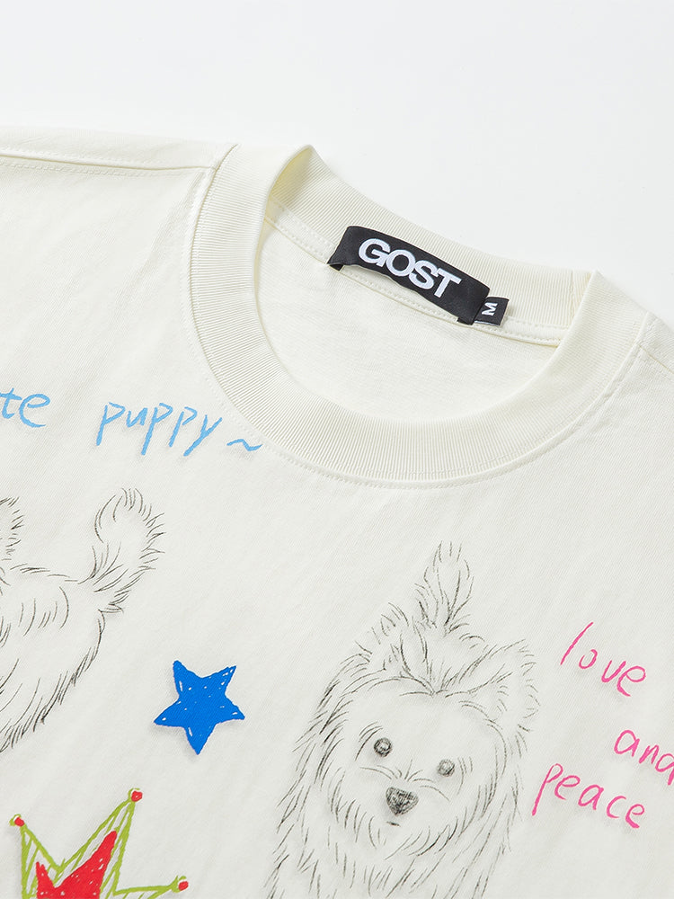 Hand-drawn Puppy Short-sleeve T-shirt Cute Fun Loose Cotton Summer T