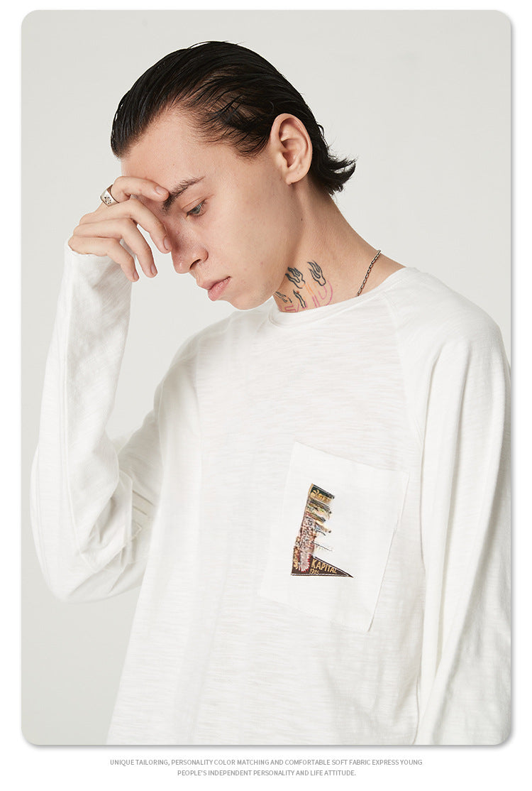 Japanese Style Flag Embroidery Loose Round Neck Men's Versatile Long Sleeve T-Shirt