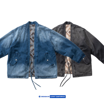 Vintage Ethnic-Style Reversible Denim Jacket – Japanese Retro Unisex Coat