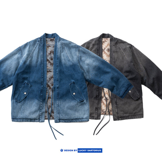 Vintage Ethnic-Style Reversible Denim Jacket – Japanese Retro Unisex Coat