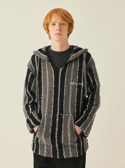 Medria Unisex Retro Striped Hoodie - Wool Blend Tibetan Style Lazy Knit Jacket