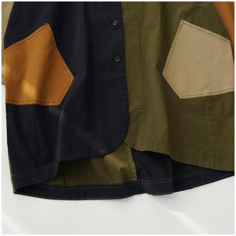 Color-Block Mid-Length Trench Coat – Japanese Retro V-Neck Single-Breasted Jacket