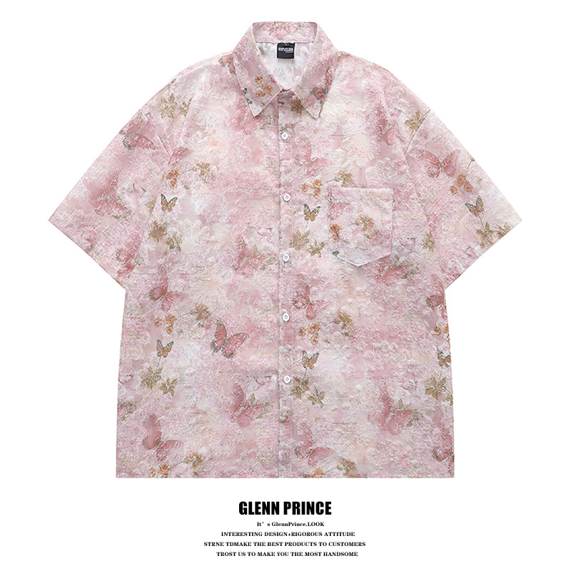 Lazy Style Tassel Butterfly Full Print Short Sleeve Shirt for Men Summer Design Sense Niche Beach Floral Shirt