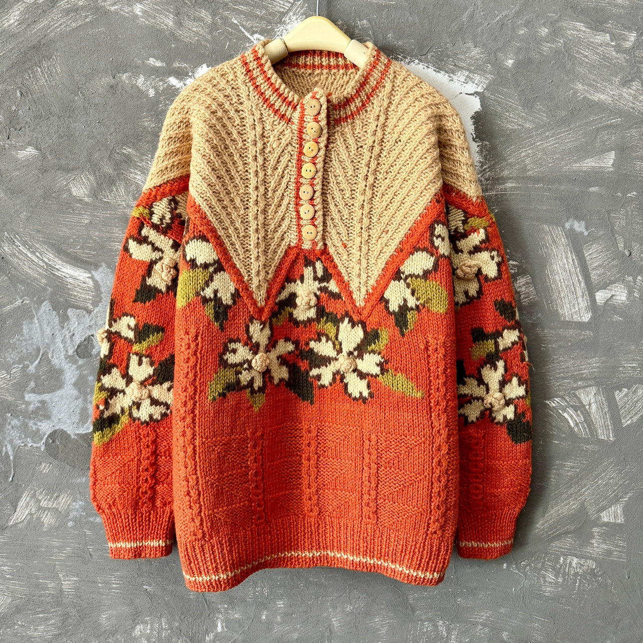 Thick Knit 100% Wool Handmade Knitted 3D Crochet Pullover Vintage Sweater WW36