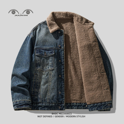 Studio High Street Vintage Washed Denim Jacket - Lamb Wool Winter Coat (Men)