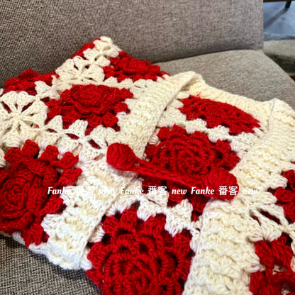 Women's European French Retro Color Block Cardigan - Handmade 3D Rose Crochet Hollow Knit Sweater