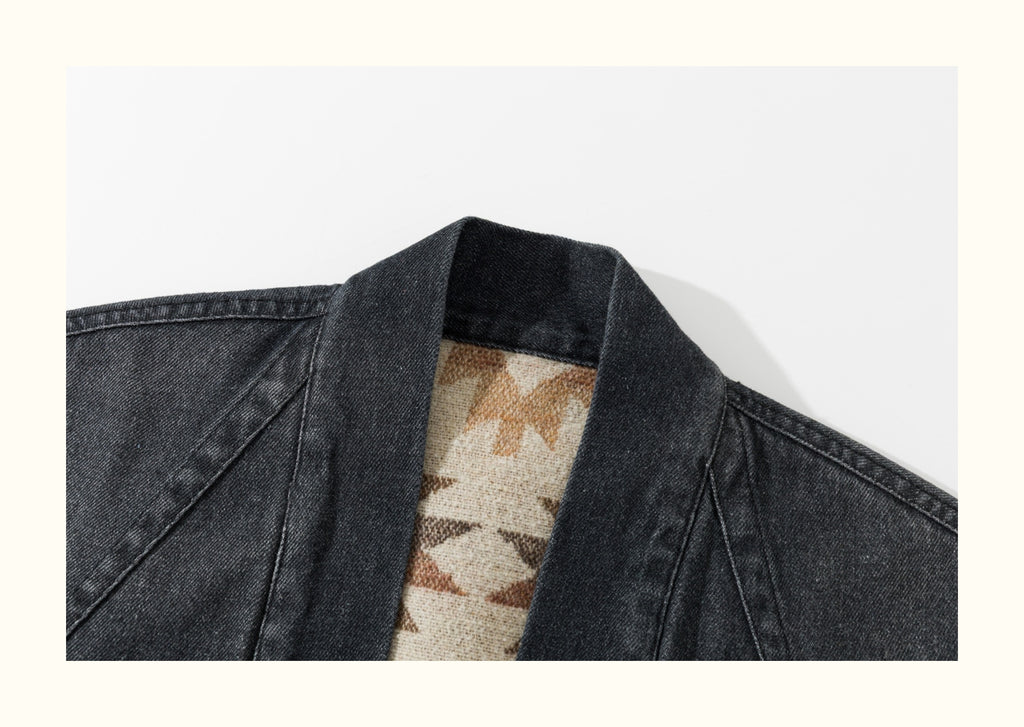Reversible Ethnic Jacquard “Dao Robe” Denim Cardigan – Oversized Lace-Up Coat for Autumn