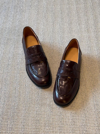 Women's Retro Genuine Leather Loafers - Sheepskin Slip-On Chunky Heel British Style Lazy Shoes