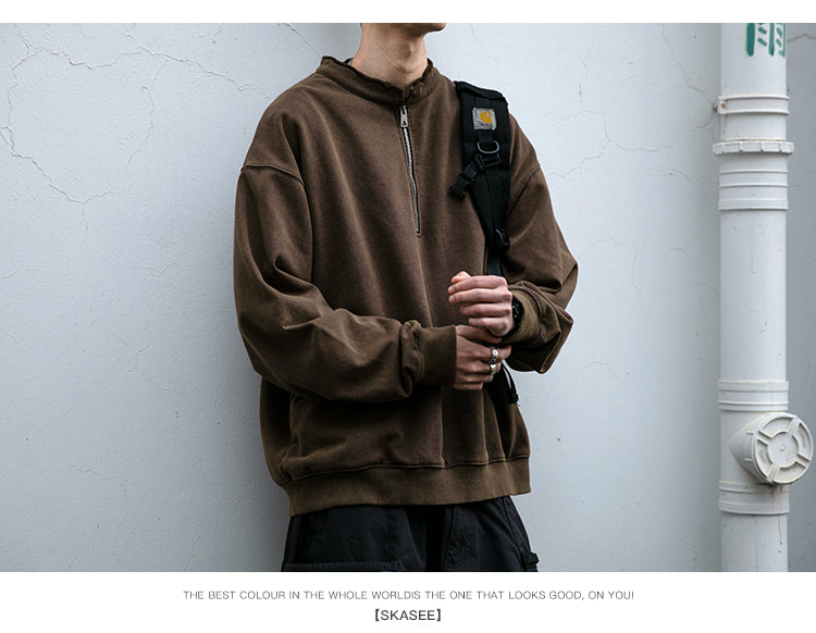 Unisex 465g Washed Vintage Sweatshirt - Boxy Half-Zip Snowflake Knit Pullover