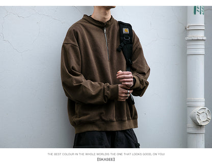 Unisex 465g Washed Vintage Sweatshirt - Boxy Half-Zip Snowflake Knit Pullover