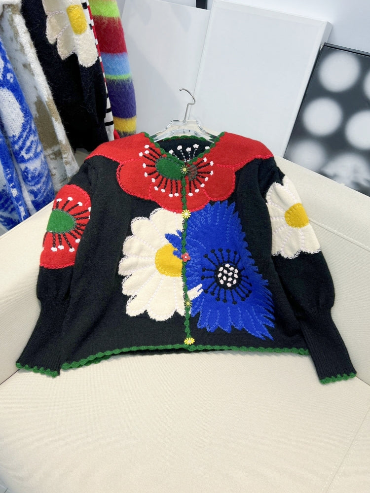 French Style Heavy Embroidery Floral Vintage Knit Sweater for Women 2025 Autumn Winter New Loose Cardigan Coat Trend