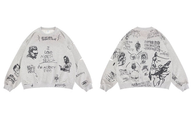 Retro Washed Graffiti Print Crewneck Sweatshirt – Distressed Loose Unisex