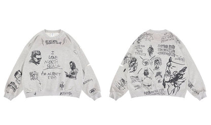 Retro Washed Graffiti Print Crewneck Sweatshirt – Distressed Loose Unisex
