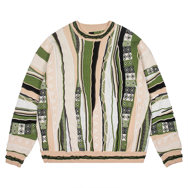 Vintage Pop Style Bitter Melon Striped Ethnic Sweater