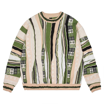 Vintage Pop Style Bitter Melon Striped Ethnic Sweater