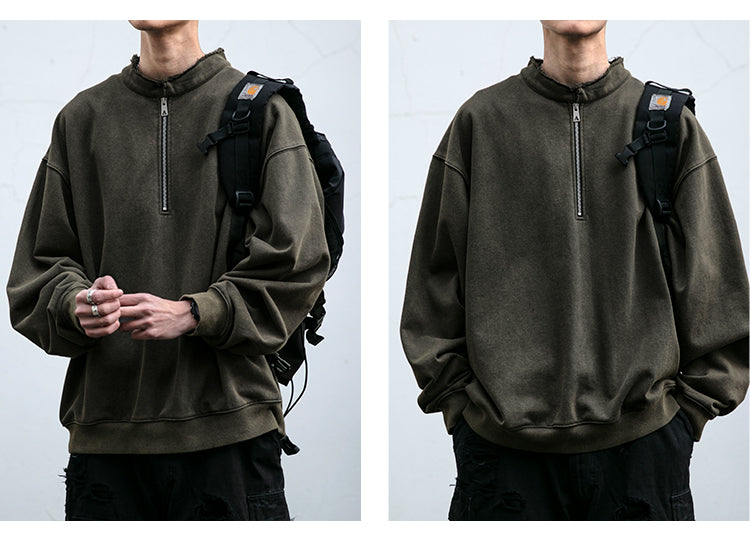 Unisex 465g Washed Vintage Sweatshirt - Boxy Half-Zip Snowflake Knit Pullover