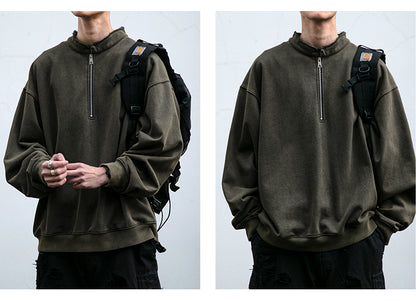 Unisex 465g Washed Vintage Sweatshirt - Boxy Half-Zip Snowflake Knit Pullover