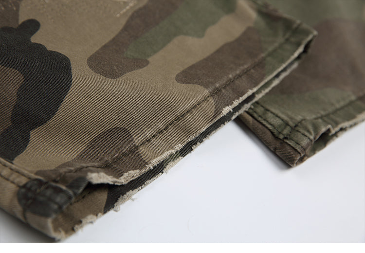 Men's American Street Retro Cargo Pants - Camouflage Heavy Washed Ripped Straight-Leg Pants
