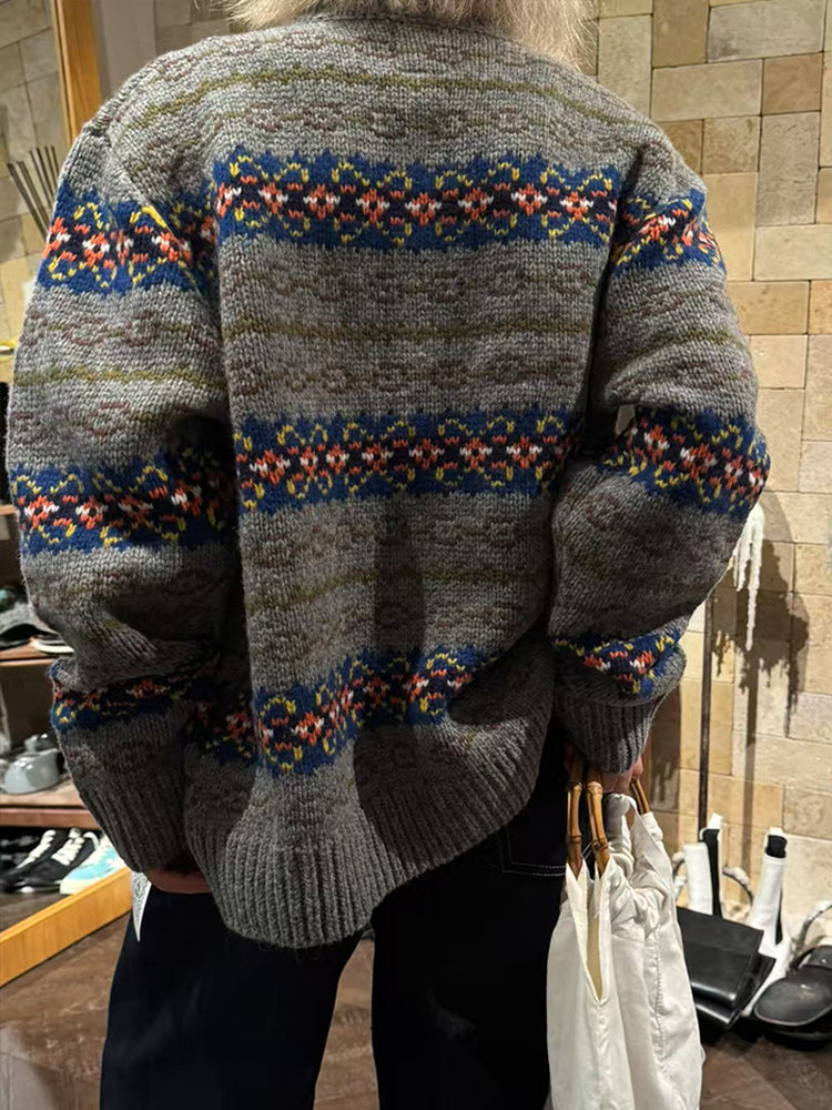 South Korea Nine-Bananas Fair Isle Lace-Trim Sweater Coat – Vintage Wool Blend, Cozy Retro Statement