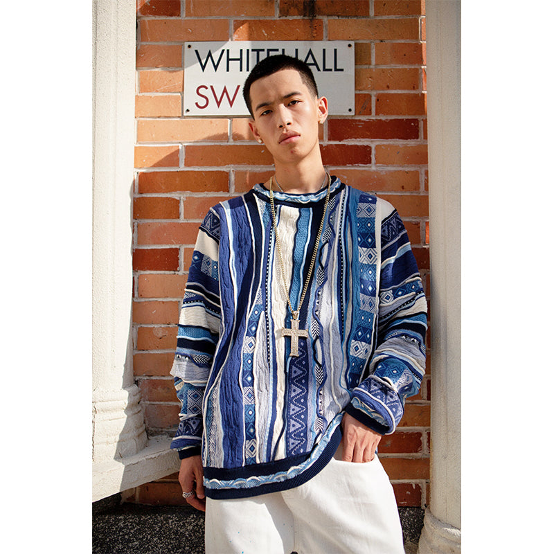 MEDRIA Retro Sweater Pop Style Bitter Melon Striped Ethnic Texture Cleanfit Sweater COOGI Men