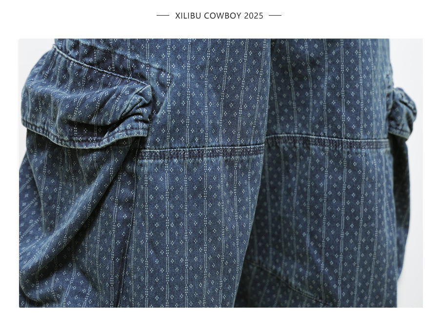 Blue Dyed Jacquard Loose Fit Scimitar Cropped Pants Japanese Retro Style with Large Pockets Casual Mid-Length Shorts