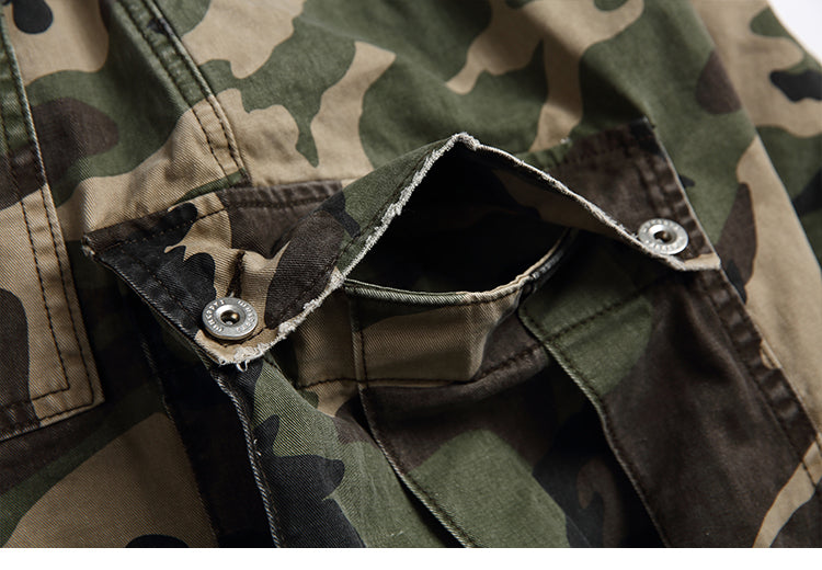 Men's American Street Retro Cargo Pants - Camouflage Heavy Washed Ripped Straight-Leg Pants