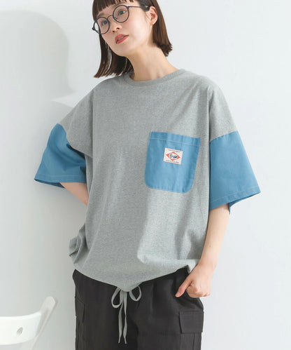 Japanese Style Stitching Denim Pocket Letters Profile T-shirt Designer Loose Casual Summer Patch