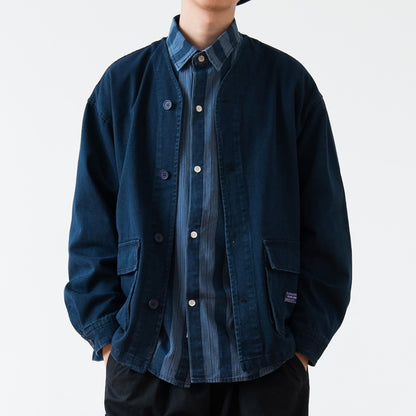 Vintage Washed Denim Collarless Shirt – Japanese Style Long Sleeve (Unisex)