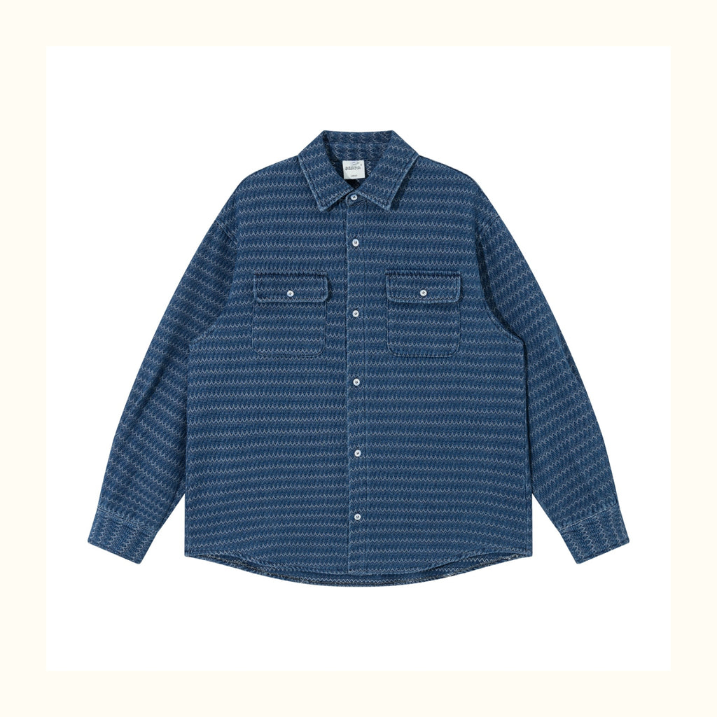 Japanese Ethnic Jacquard Denim Shirt Jacket – Loose & Cozy for Autumn/Winter