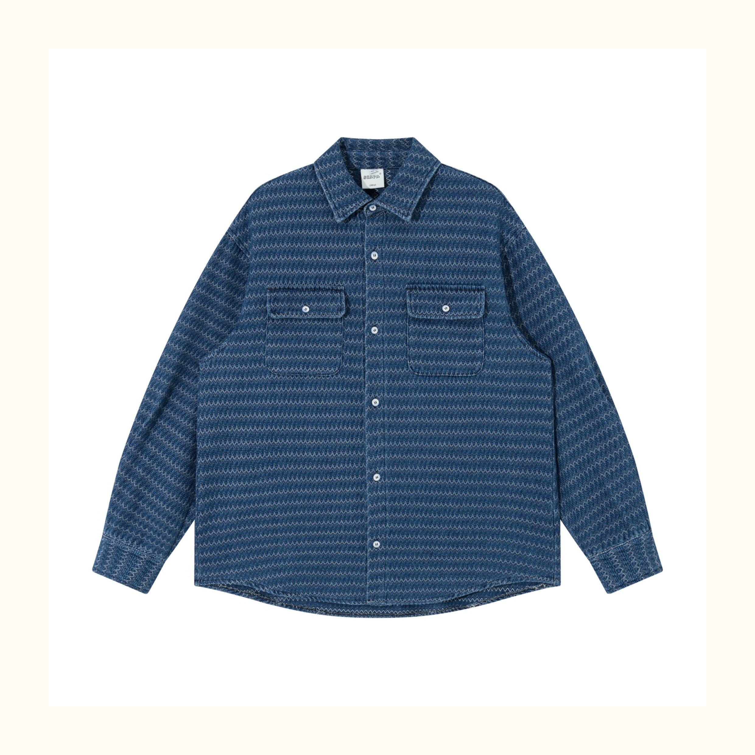 Japanese Ethnic Jacquard Denim Shirt Jacket – Loose & Cozy for Autumn/Winter