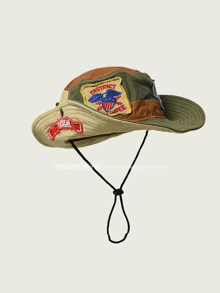 Unique Fisherman Hat for Men and Women, Vintage Patched Street Style Trendy Brand Hiking Hat, Outdoor Camping Western Cowboy Hat