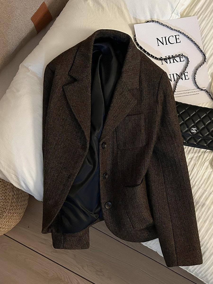 Coffee Retro Herringbone Wool Blazer - High-End Fashion Jacket 2025 (Women)