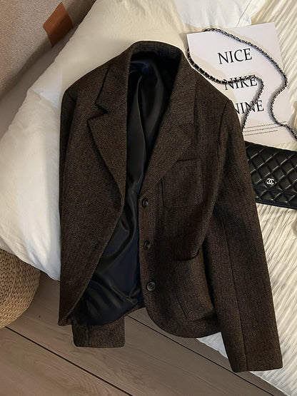 Coffee Retro Herringbone Wool Blazer - High-End Fashion Jacket 2025 (Women)