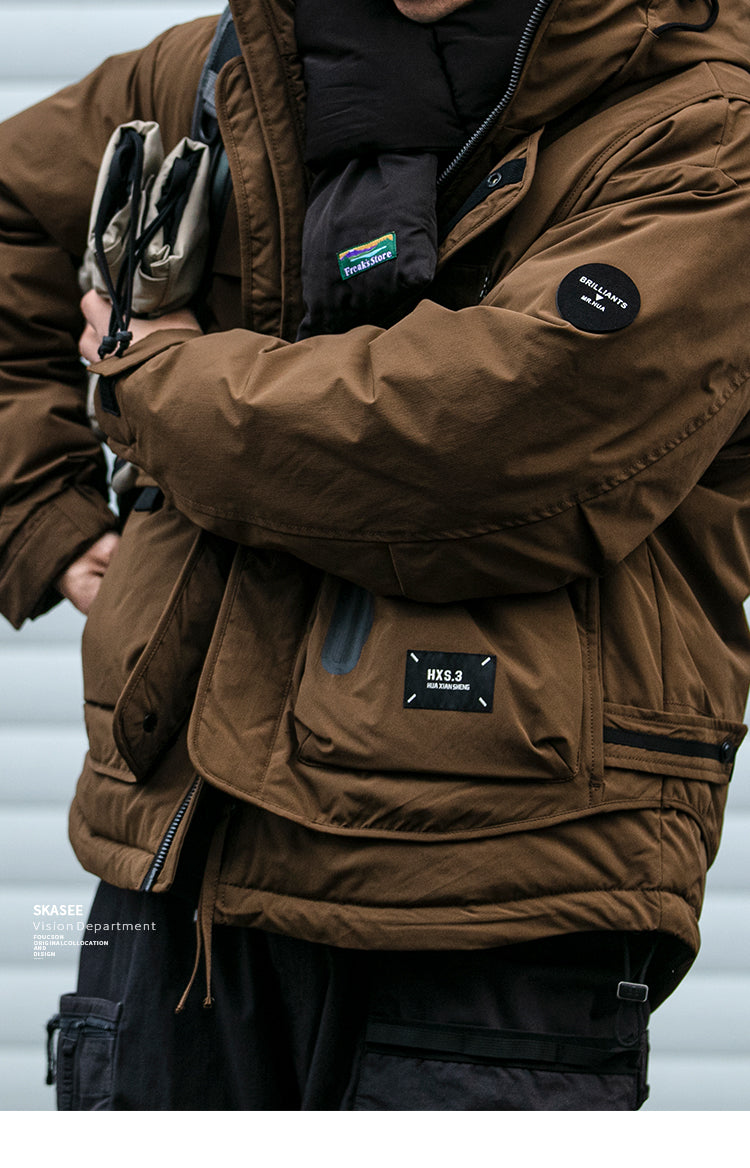 Winter Workwear Hooded Down Jacket Men's Trendy Loose Outdoor Multi-Pocket Functional 90% White Duck Down Warm Coat Trendy