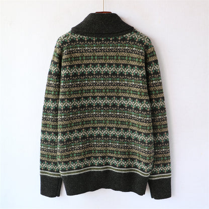 Heavyweight Color-Block Wool Cardigan Jacket – Retro Warm Knit (Unisex)