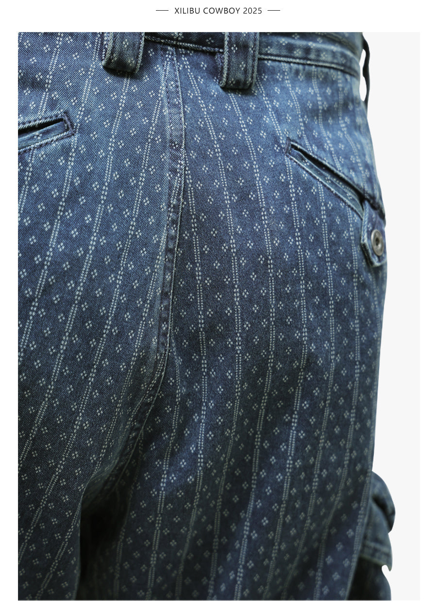 Blue Dyed Jacquard Loose Fit Scimitar Cropped Pants Japanese Retro Style with Large Pockets Casual Mid-Length Shorts